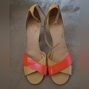 Kate Spade Vintage Color Block Beige and Coral Patent Leather Ankle-Strap Heels